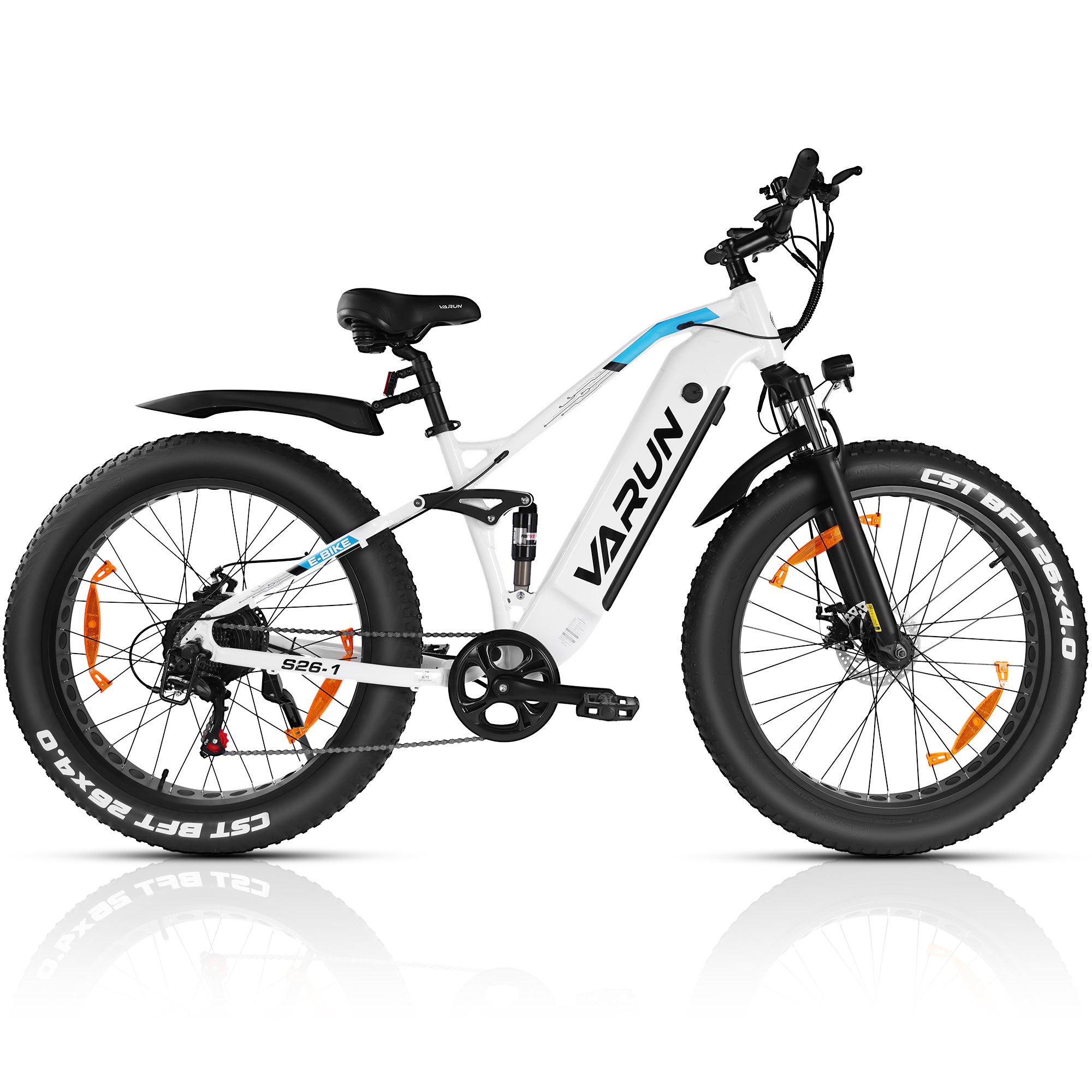 Fat Tire E-Mountainbike Pedelec Vélo électrique tout terrain à suspension complète 90 Nm Batterie amovible longue portée - Varun Ballistic-White 26'' E-Bike