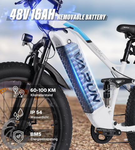 Fat Tire E-Mountainbike Pedelec Vélo électrique tout terrain à suspension complète 90 Nm Batterie amovible longue portée - Varun Ballistic-White 26'' E-Bike