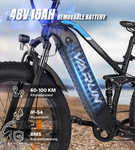 Fat Tire E-Mountainbike Pedelec Vélo électrique tout terrain à suspension complète 90 Nm Batterie amovible longue portée - Varun Ballistic 26'' E-Bike