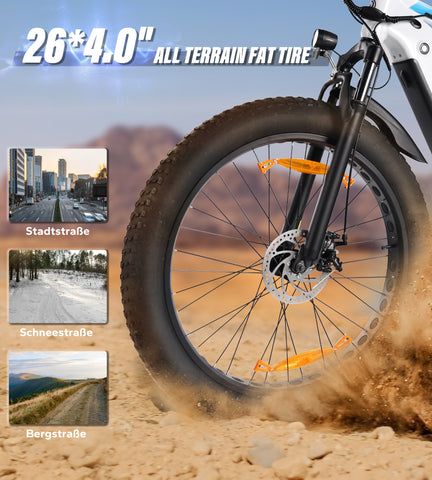 Fat Tire E-Mountainbike Pedelec Vélo électrique tout terrain à suspension complète 90 Nm Batterie amovible longue portée - Varun Ballistic-White 26'' E-Bike