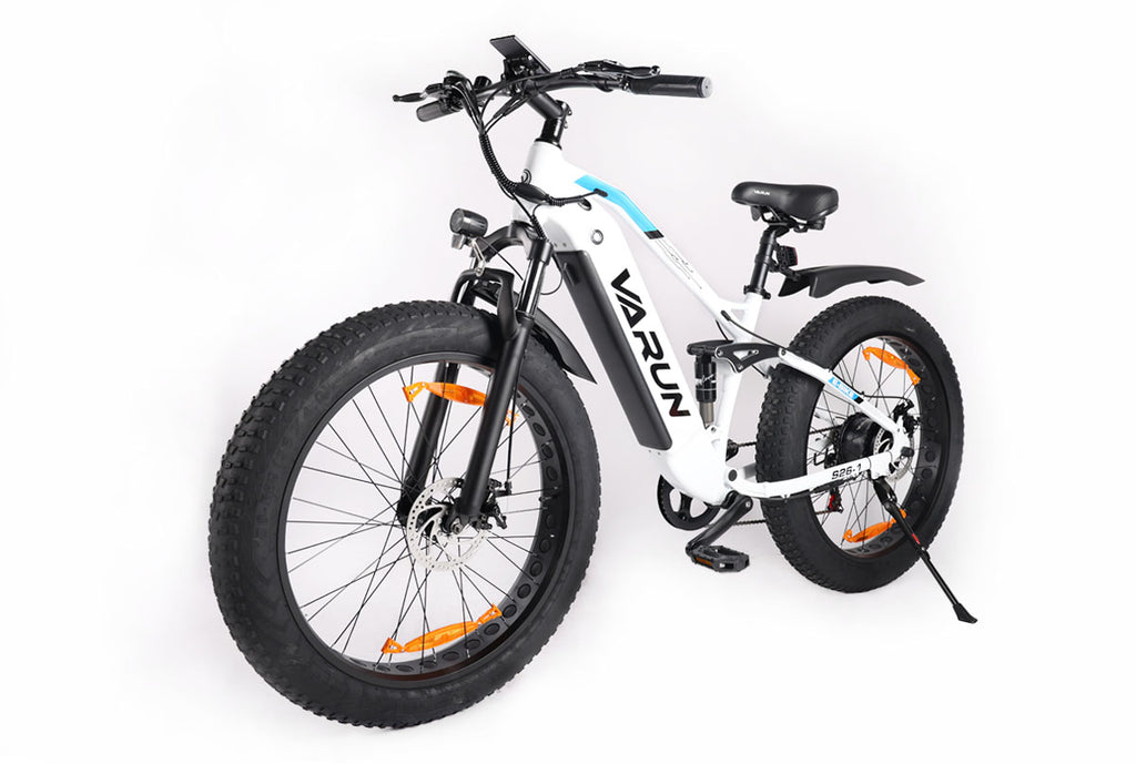 Fat Tire E-Mountainbike Pedelec Vélo électrique tout terrain à suspension complète 90 Nm Batterie amovible longue portée - Varun Ballistic-White 26'' E-Bike